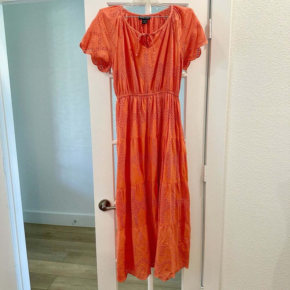 Tiered Maxi Dress Sz M Coral Eyelet Short Sleeve Peasant Boho Lined Dress Naoo